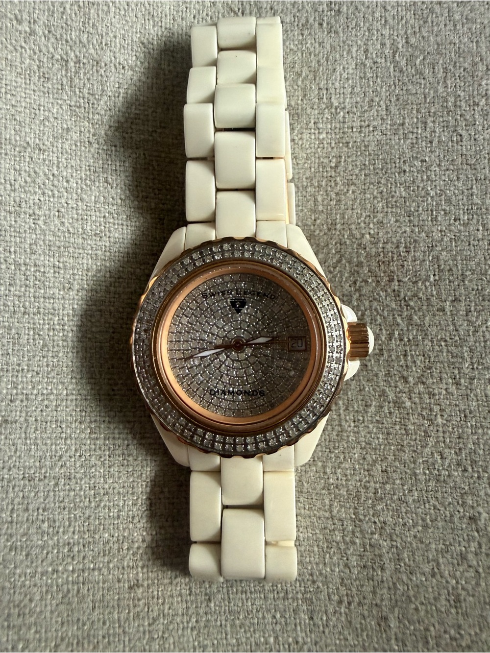 Swiss Legend Karamica Date Diamond Dial Bezel White Ceramic Two Tone Watch